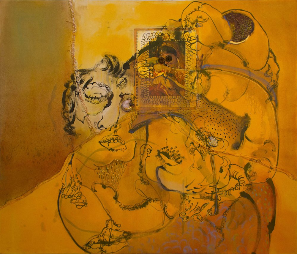 Sahana Ramakrishnan. Asura (2016), Oil, Collage, and Brass pieces on Canvas, 46 x 54 inches