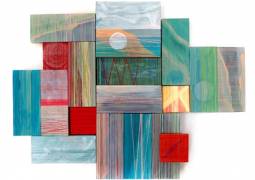 Yoshiko Kanai, Rainy Moon, Acrylic _ Thread on Wood, 13x17