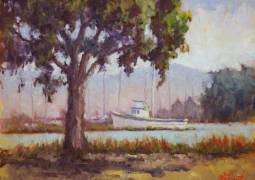 Crab Cove Fishing Boat by Mark Monsarrat, oil on canvas