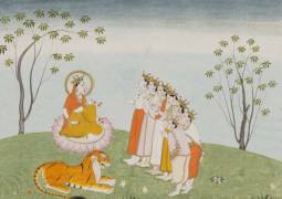 Himachal Pradesh, The Gods Appeal to the Great Devi for Help (detail), Folio from a Devi Mahatmya series with Sanskrit text in Devanagari script on reverse, India, Kangra, early 19th century. Color and gold on paper. Lent by Narendra and Rita Parson.