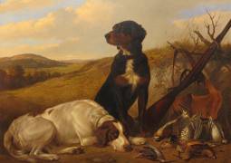 EXHIBITOR:     RED FOX  FINE ART      Thomas Hewes Hinckley (American, 1813-1896)  Gun Dogs with Game, 1852  Signed T. H. Hinckley/1852 Oil on canvas 36 x 48 inches  Provenance Algonquin Club, Boston, MA, possibly acquired directly from the artist, c. 1852  acquired from The Algonquin Club, 2014