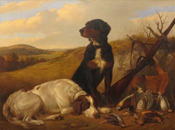 EXHIBITOR:     RED FOX  FINE ART      Thomas Hewes Hinckley (American, 1813-1896)  Gun Dogs with Game, 1852  Signed T. H. Hinckley/1852 Oil on canvas 36 x 48 inches  Provenance Algonquin Club, Boston, MA, possibly acquired directly from the artist, c. 1852  acquired from The Algonquin Club, 2014