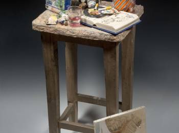 Richard Shaw  Painter's Table with Unfinished Painting, 37" x 20" x 15", glaze porcelain with overglaze decals